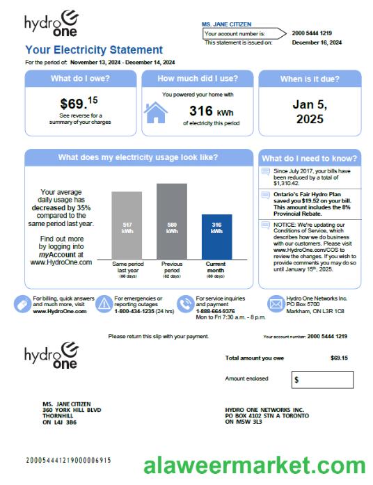 Canada Hydro One utility bill template in Word and PDF formats, version 2